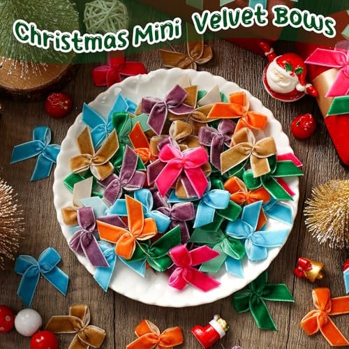 120 Mini Christmas Velvet Bows for Crafting & Gift Wrapping