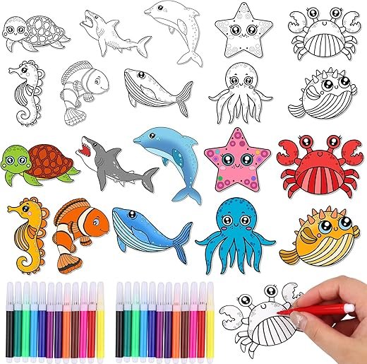 60 Ocean Animal Art Cards & Coloring Kit for Kids